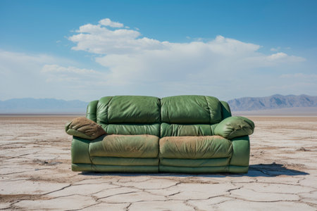 Green leather shabby sofa at big empty space, wasteland, barren land. Lonely living room couch in desert environment. AI generatedの素材