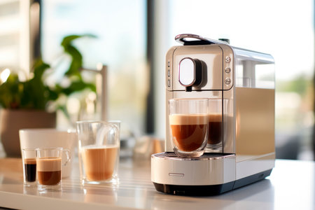 Modern coffee machine with cups on table in kitchen. Coffee machine for preparing delicious cappuccino, latte or espresso. AI generatedの素材