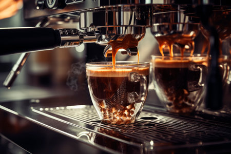 Close-up of espresso pouring from coffee machine. Professional coffee brewing. AI generatedの素材