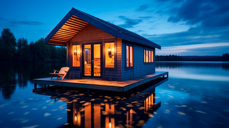 Wooden floating house with nice reflection on the lake water at night. AI generatedの素材