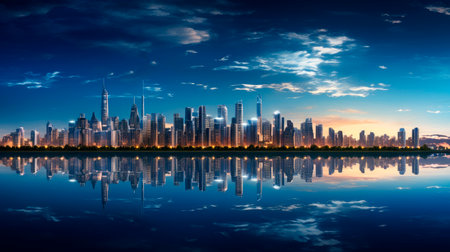 Futuristic night city. Cityscape on a dark background with bright and glowing blue lights. AI generatedの素材