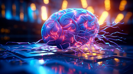 Artificial Intelligence connections and wires out of the brain in a bright future. Smart glowing brain on abstract digital background. Sciene technology and digital transformation concept. AI generatedの素材