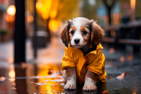 Adorable puppy in a raincoat sits in a puddle on the street in autumn. Fall season concept. AI generatedの素材