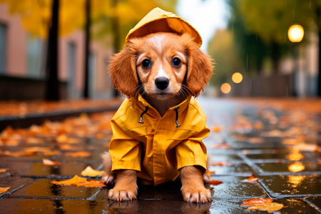 Sad puppy in a raincoat sits in a puddle on the autumn street. Fall season concept. AI generatedの素材