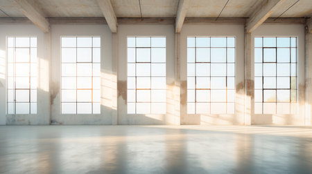 Empty loft, industrial grunge interior. Old concrete walls and big windows. Interior concept background. AI generatedの素材