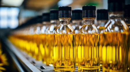Sunflower oil in the bottles, line for the production and bottling of refined oil from sunflower seeds. Oil bottles on modern conveyor of food industry. AI generatedの素材