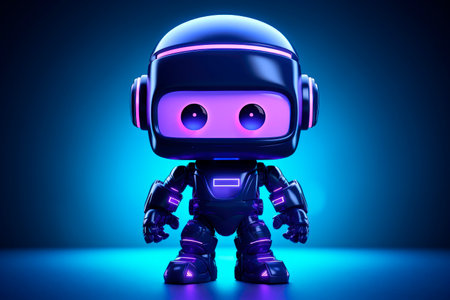 Friendly positive little robot, glowing purple  face with a big eyes. Chatbot greets, welcome, customer support service. AI generatedの素材