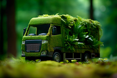 Truck made out of grass and moss, ecofriendly transport concept. Green, ecofriendly transport concept - plants covered car. AI generatedの素材