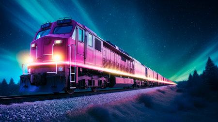 Shiny train in magenta and blue colors, driving on the winter landscape  at night with Aurora Borealis the Northern lights at sky. A powerful locomotive pulls a long freight train along train tracks. AI generatedの素材