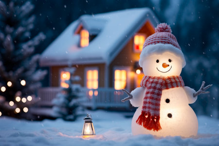 Snowman on a front yard of idyllic house decorated with lights and garlands for Christmas eve. Soft Snow Falling Peacefully at Night. AI generatedの素材
