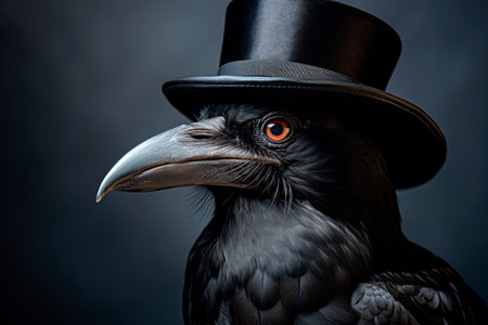 Black intelligent crow with hat, close-up view. Black Raven Wearing Top Hat. AI generatedの素材