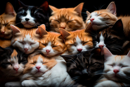 Adorable cats sleeping together and squeezing each other and squinting. Cats is all piled together having a nap. AI generatedの素材