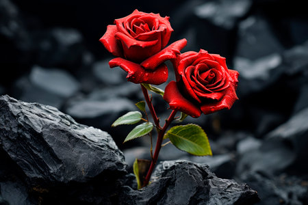Two most beautiful red roses growing on a black cliff. AI generatedの素材