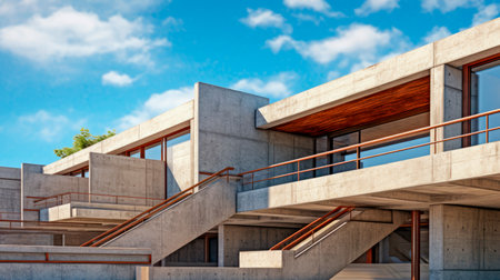 Modernistic buiding with straight corners and edges. Brutalist architecture with lots of concrete. AI generatedの素材