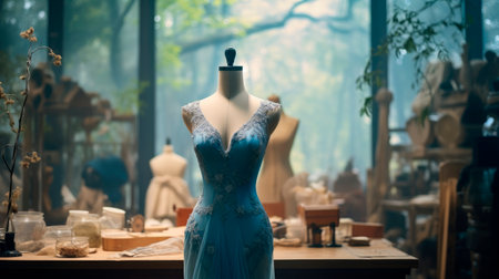 Costume design studio. Mannequin with blue dress  in tailor studio. AI generatedの素材