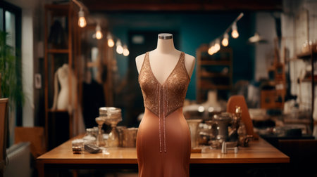 Costume design studio. Mannequin with luxury dress  in tailor studio. AI generatedの素材