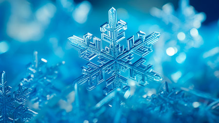 Snowflakes on snow - Christmas and winter background. Natural snowdrift close up with abstract blue light. AI generatedの素材
