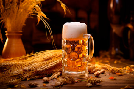Beer glass with froth overflowing from a traditional beer stein, with barley and hops scattered in the background. AI generatedの素材