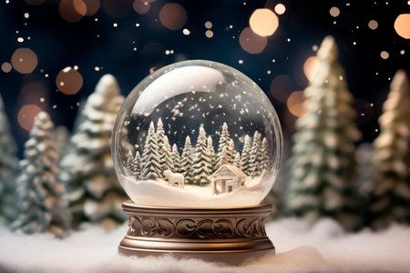 Merry christmas snow globe with a house on snowfall winter background. AI generatedの素材