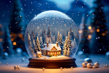 Merry Christmas gift- snow globe with fir trees and house inside. AI generatedの素材