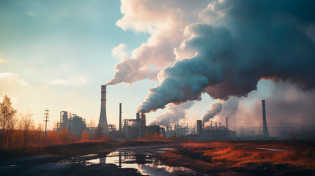 The pipes of the thermal power plant smoke on the horizon. Withering nature and environmental pollution. AI generatedの素材
