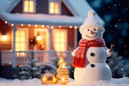 Happy Snowman Standing in the Backyard of the Idyllic House Decorated on Christmas Eve. Magical Winter Evening. AI generatedの素材