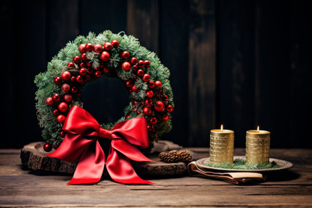 Christmas wreath and candles on a wooden background. Christmas festive decor, holiday winter fair. Merry Christmas. AI generatedの素材