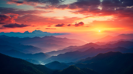 Picturesque panoramic view of mountain range under sundown in evening time. AI generatedの素材