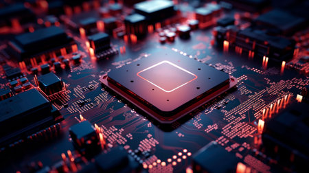 Closeup of electronic circuit board with processor. AI generatedの素材
