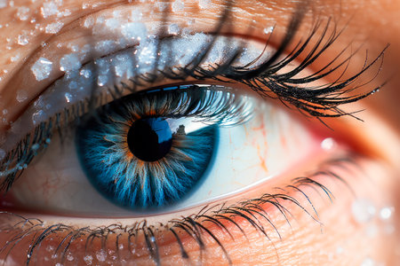 Close up of young woman eye with ice and snow on eyelashes. Cold winter climate. AI generatedの素材