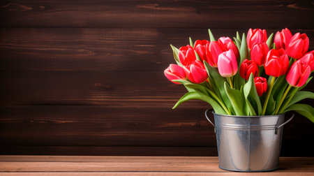 Fresh red tulip flowers bouquet in a metal bucket on a shelf in front of wooden wall. AI generatedの素材