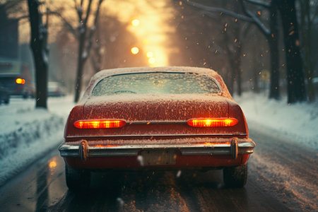 Empty winter road and car on the roadside. Winter driving conditions on icy roads with a  heavy snowfall, low visibility. AI generatedの素材