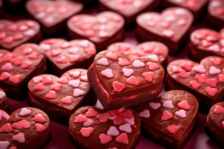 Chocolate Valentines day heart shaped brownies topped with pink and red sprinkles. Homemade brownies. AI generateの素材