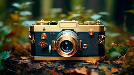 A vintage photo camera lying in the forest ground. Nature photography is a very fulfilling and exciting hobby. AI generatedの素材