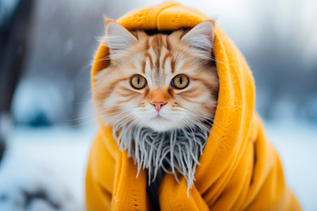 Portrait of an adorable cat dressed in a warm yellow cloak. Cold winter season.AI generatedの素材
