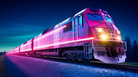 Freight train speeding on the winter landscape at night with Aurora Borealis the Northern lights at sky. A powerful locomotive pulls a long cargo train with neonic light trails. AI generatedの素材