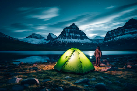Rear view of a hiker standing next to his trekking tent.Scenic view of tent on lake shore against snowy mountain under beautiful night sky. AI generatedの素材