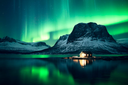 Night landscape with Northern lights over a small hut on the frozen lake. AI generatedの素材