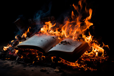 Stack of books burning.Forbidden literature on bonfire. Censorship, prohibition of freedom information. AI generatedの素材