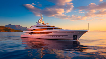 Beautiful modern white yacht on the blue sea, against the background of the mountains. Superyacht at anchor on a sunset. AI generatedの素材