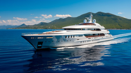 Beautiful modern white yacht on the blue sea, against the background of the mountains. AI generatedの素材