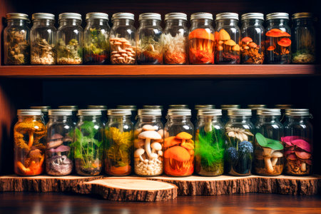 Jars of different colorful fungi on a wooden shelves. Different species of fungi in specimen jars. Alternative medicine concept. AI generatedの素材