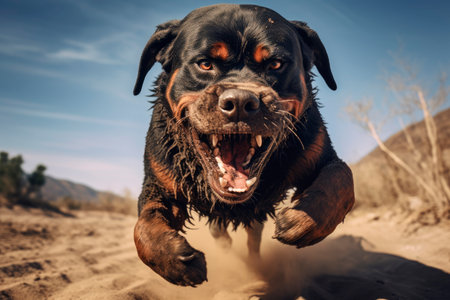 Aggressive Rottweiler pulling very hard towards the screen. Rottweiler guard dog running on sandy path. AI generatedの素材