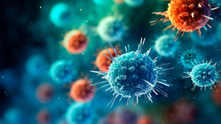 Various kinds of viruses, bacteria that cause disease. Close-up of virus cells or bacterias.  AI generatedの素材