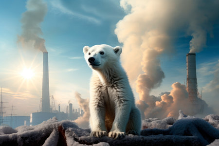 White polar bear on a melting snow with distant industrial smokestacks, illustrating climate change impact on wildlife. Concept of global warming, pollution of planet Earth. AI generatedの素材