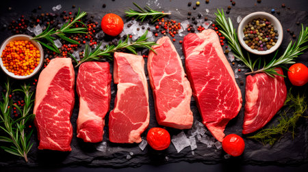 Variety of raw meat steaks for grilling with seasoning on dark stone background. Raw meat top view. AI generatedの素材