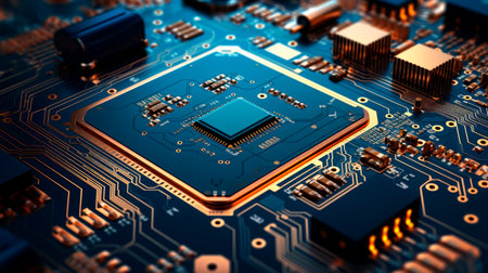 Central Computer Processors CPU concept. Motherboard digital chip. Tech science background. AI generatedの素材