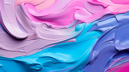 Close-up shot of strokes of fresh mixed color paint. Brushstrokes of blue,purple and pink paint. Colorful texture, thick paint surface. AI generatedの素材