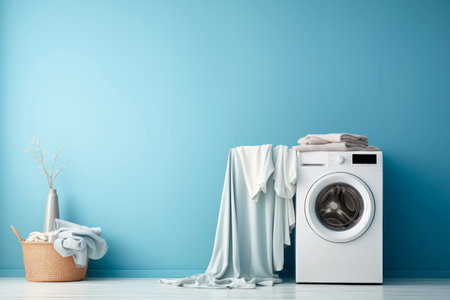 Washing machine and laundry basket in a blue bathroom. Modern washing machine with laundry near color wall, space for text. AI generatedの素材