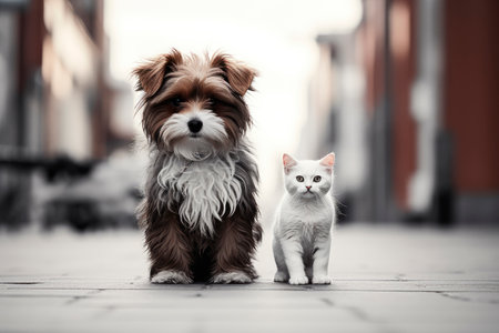 Homeless sad kitten and dog sitting on a street. Concept of protecting homeless animals. Stray street animals roaming in a residential area. AI generatedの素材